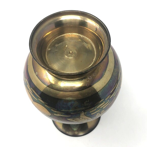 70s Brass Etched Bud Vase Two-Tone Floral Bird Water Lily Bulb Design Inlay Boho - Picture 9 of 10
